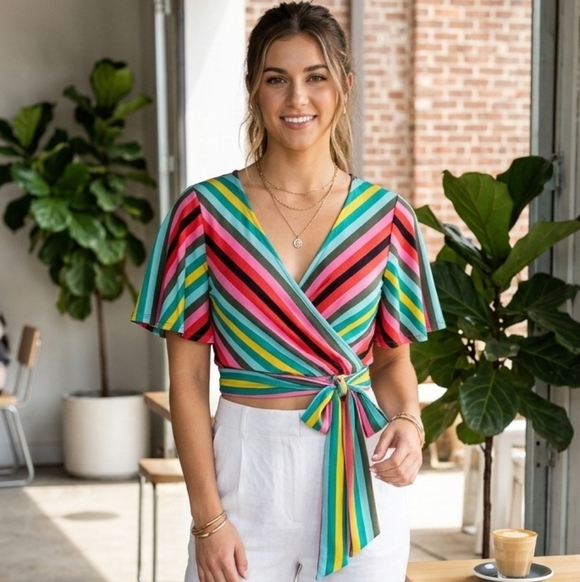 Express Tops - Express Spring Colorful Striped Blouse W/Strap Size S/P Short Sleeve V Neck NWT